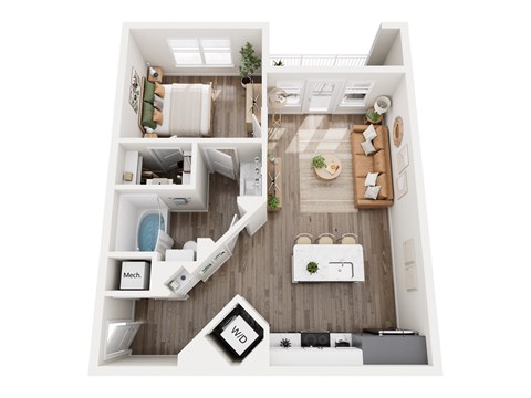 Floor plan for 1 bed, 1 bath, 766 sqft